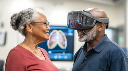 An elderly couple interacts joyfully while exploring virtual reality for health education.