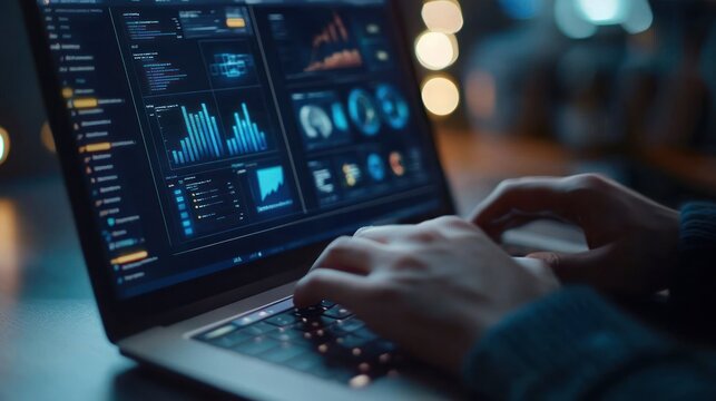 Person analyzing data on laptop at night.