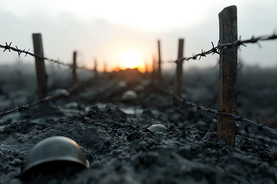 A poignant battlefield scene at sunset, showcasing barbed wire and abandoned helmets in a somber landscape.