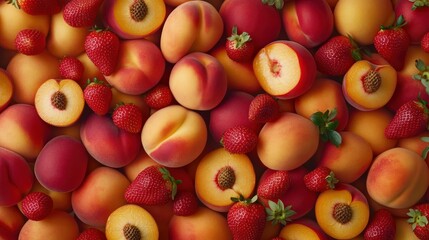Fresh peaches and strawberries background.