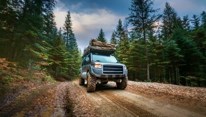 Offroad truck in forest offroad, dirt gravel trail, expedition