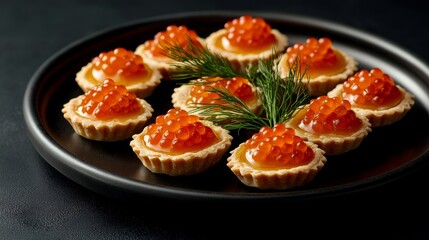 38.A festive serving of mini tartlets filled with bright red salmon caviar, arranged on a dark plate with a black background. The tartlets are garnished with sprigs of fresh dill, adding a touch of