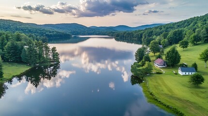 Obraz premium Overhead shot of a serene mountain lake with calm reflections of the surrounding green forested hills and peaks in the distance creating a peaceful and tranquil natural landscape