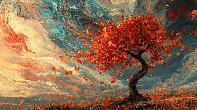 A single tree with vibrant red leaves stands against a swirling, abstract background of blue, orange, and gray hues.