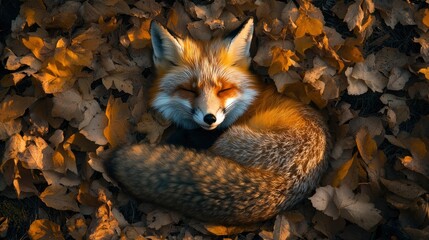 Fototapeta premium Tranquil fox resting among vibrant autumn leaves in golden light
