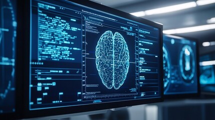 Advanced MRI system with integrated intelligence technology displaying real time brain scans and providing automated analysis and diagnostic insights for medical research and healthcare applications