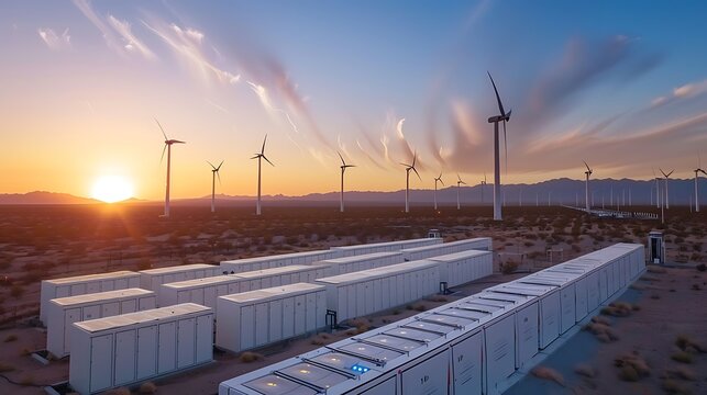 Aerial view of wind farm with energy storage units during sunset for renewable energy production sustainable power green technology clean environment innovation landscape concept.