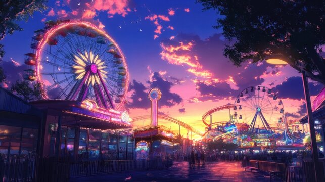 Vibrant anime amusement park with colorful rides and a glowing sunset backdrop