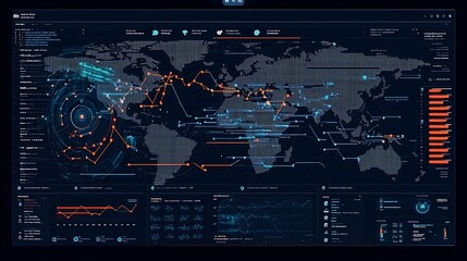 AI powered Cybersecurity Dashboard Displaying Real Time Analysis and Visualization of Potential Threats Across Global Networks and Connectivity on a Computer Screen