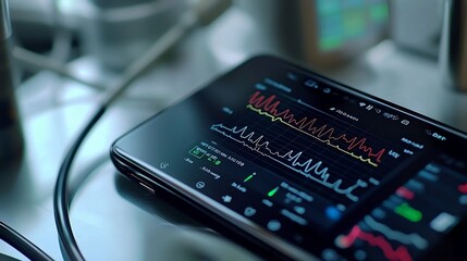 Close up view of an AI powered digital health monitoring application showcasing real time vital signs tracking predictive health alerts and personalized data analytics to support proactive well being
