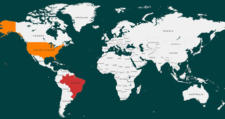 Obraz premium World Map Highlighting us and Brazil in Color