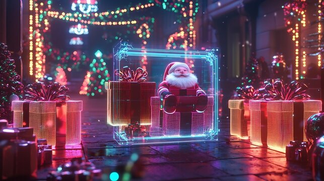 Santa s virtual gift delivery showcasing glowing holographic presents in a high tech Christmas themed setup with neon lighting digital displays and festive