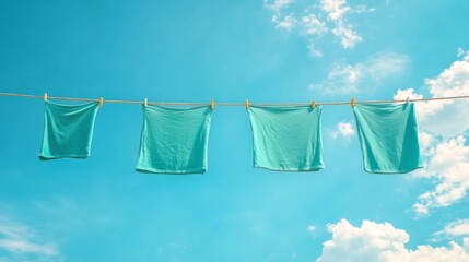 Four teal clothes hanging on a clothesline against a bright blue sky with fluffy clouds.