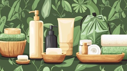 Seamless background featuring an array of eco friendly bathroom essentials including biodegradable products bamboo soap dishes and zero waste bags in a soothing natural inspired design
