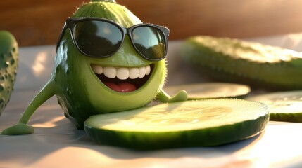 Happy Cucumber Character with Sunglasses and Slices