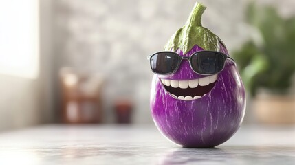 Cheerful Eggplant with Sunglasses Smiling Fun