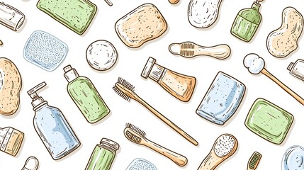 Seamless pattern featuring a variety of zero waste  sustainable bathroom products including cotton pads  biodegradable brushes  and eco conscious soaps  showcasing a minimalist