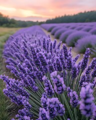 Obraz premium A serene landscape featuring vibrant lavender fields at sunset, creating a tranquil atmosphere with shades of purple and soft, warm tones in the sky.
