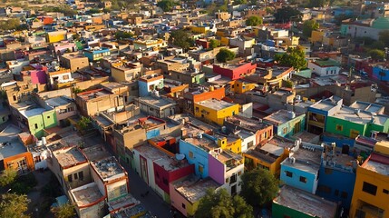Stunning aerial drone shot showcasing a vibrant and colorful urban neighborhood with a dense cluster of residential buildings and homes featuring an array of vibrant rooftop colors