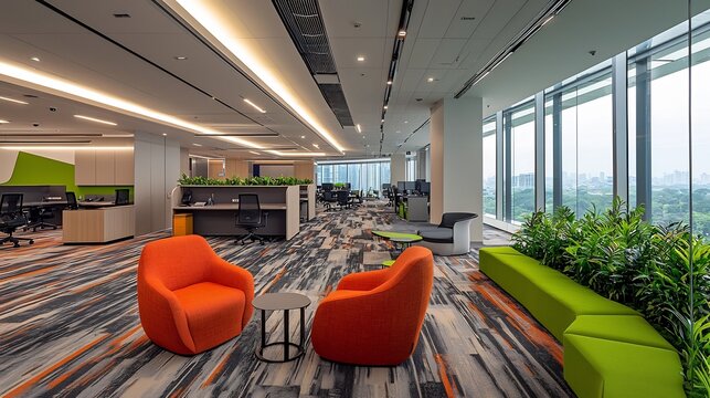 Flexible and modern workspace design with natural lighting ergonomic furniture and plants to create a calm and productive environment for and innovation