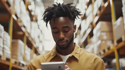 Young man using tablet in a warehouse, checking inventory among cardboard boxes, showcasing modern technology in logistics and storage during work hours