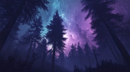 Fototapeta premium Dense forest with tall trees silhouetted against the backdrop of a vivid Milky Way sky