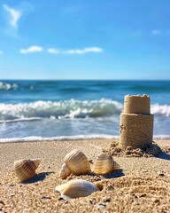Obraz premium Sandcastle on the beach with seashells and blue sky background