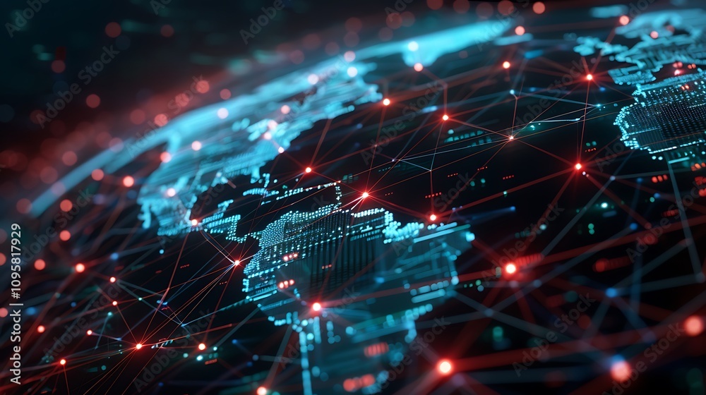 Poster abstract digital visualization of a global network connection shown as a world map with glowing line