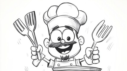 Cheerful Chef Holding Spatula and Fork, Illustration