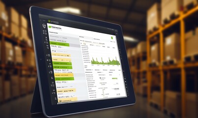 A tablet displaying data analytics in a warehouse setting.