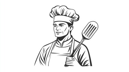 Naklejka premium Chef holding spatula line art illustration