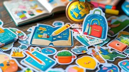 Obraz premium Vibrant and Playful School Themed Stickers Featuring Books Pencils Globes Backpacks and Other Educational Symbols in a Fun Graphic Design Style