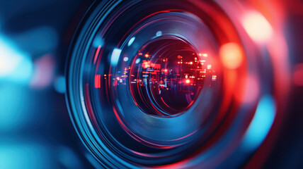 Close up of camera lens with vibrant red and blue lights reflecting, showcasing intricate details and futuristic aesthetic. lens captures blend of technology and artistry