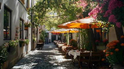 Cobblestone Street Cafe With Orange Umbrellas Photo