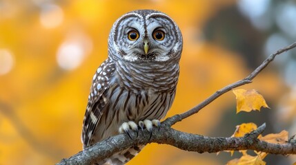 Beautiful owl perched on a branch with autumn foliage in the background