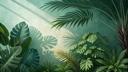 Lush tropical foliage with dynamic shadows on a textured wall