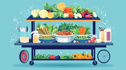 Vibrant Thai Street Food Cart Showcasing Colorful Stir Fried Basil Ingredients on Mobile Display Shelves