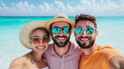 Obraz premium Beach adventure with friends tropical paradise photo sunny day fun vibes