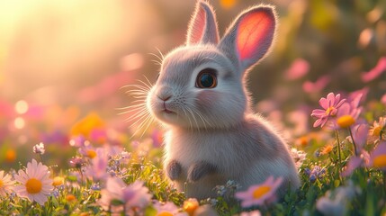 Fototapeta premium Cute rabbit sitting in a field of colorful flowers during sunset