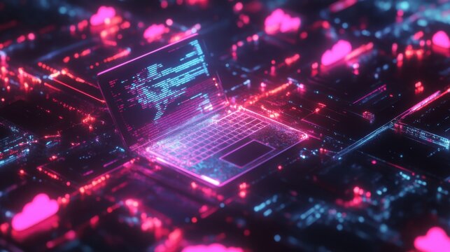 Digital Landscape with Laptop and Colorful Clouds