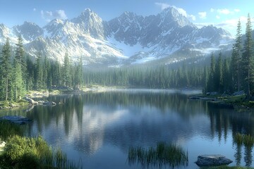 A stunning landscape featuring a serene lake surrounded by lush evergreens, with majestic snow-capped mountains rising in the background under a clear blue sky.