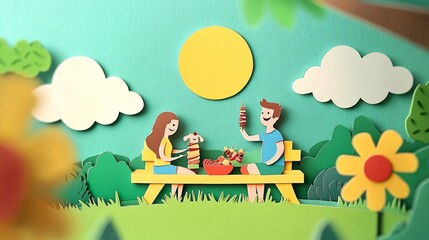 Naklejka premium Whimsical paper cut depicting a family enjoying pork skewers and spending a sunny day together in a lush park setting The scene features a vibrant playful design with cutout elements such as clouds