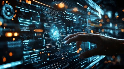 Fototapeta premium Secure Digital Transaction Steps in a Cashless Economy Virtual Interface A futuristic digital interface showcasing the process of a secure financial transaction in a modern