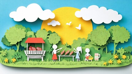 Whimsical paper cut depicting a family happily enjoying pork skewers on a beautiful sunny day at a lush green park  The scene captures a cheerful leisurely outdoor lifestyle moment