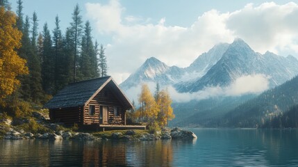 Obraz premium Mountain lake cabin autumn.