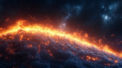 Naklejka premium Breathtaking cosmic landscape with fiery clouds and sparkling stars