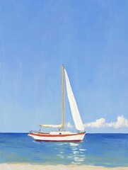 Naklejka premium A sailboat with a white sail and red hull is anchored in the calm blue waters of the ocean on a sunny day.