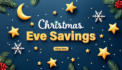 Naklejka premium Festive Christmas promotion banner featuring a navy-blue background adorned with golden stars and green pine branches. Ideal for Christmas promotions, Online or social media marketing.