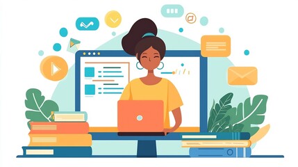 Virtual teacher providing personal assistance to student through video chat and shared screen interface facilitating online and distance learning in a modern digital workspace