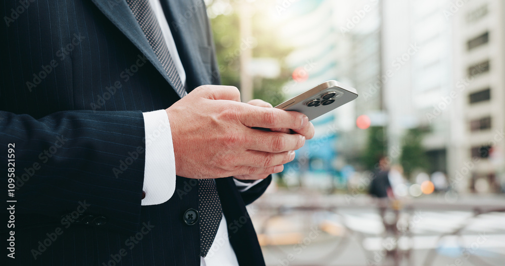 Poster phone, hands and businessman in city with typing for email, communication or networking online in mo